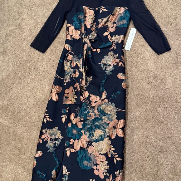 Kay Unger Dresses & Skirts - Kay Unger Navy Dress with Teal & Blush Floral Jacquard